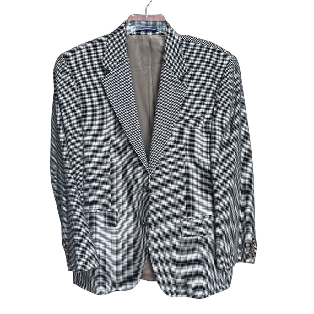 Izod Mens‎ Houndstooth Blazer Jacket 38R Black White Silk Wool Two Button Office
